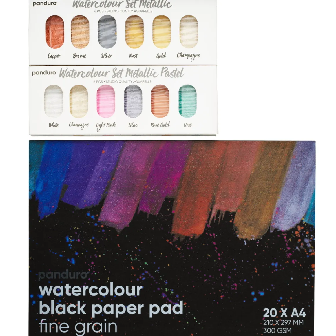Akvarelsæt Panduro Metallic – 1 sort akvarelblok A4 + 12 metallic-akvarelfarver