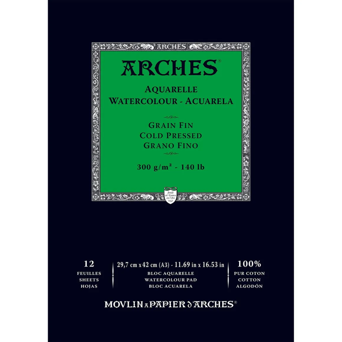 Arches akvarelblok GF, CP, A3 – 297×420 mm, 12 ark, 300 g/m²