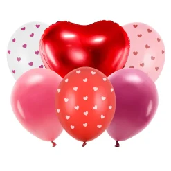 6 balloner til valentinsdag! 5 latexballoner a Ø30 cm, 1 folieballon a Ø50 cm