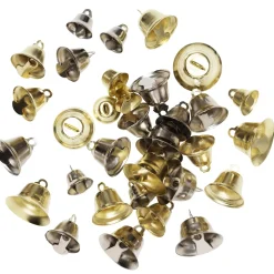 32 bjælder, guldfarvede og sølvfarvede. Ø12, 15, 18 & 21 mm, 4×2 af hver størrelse og farve