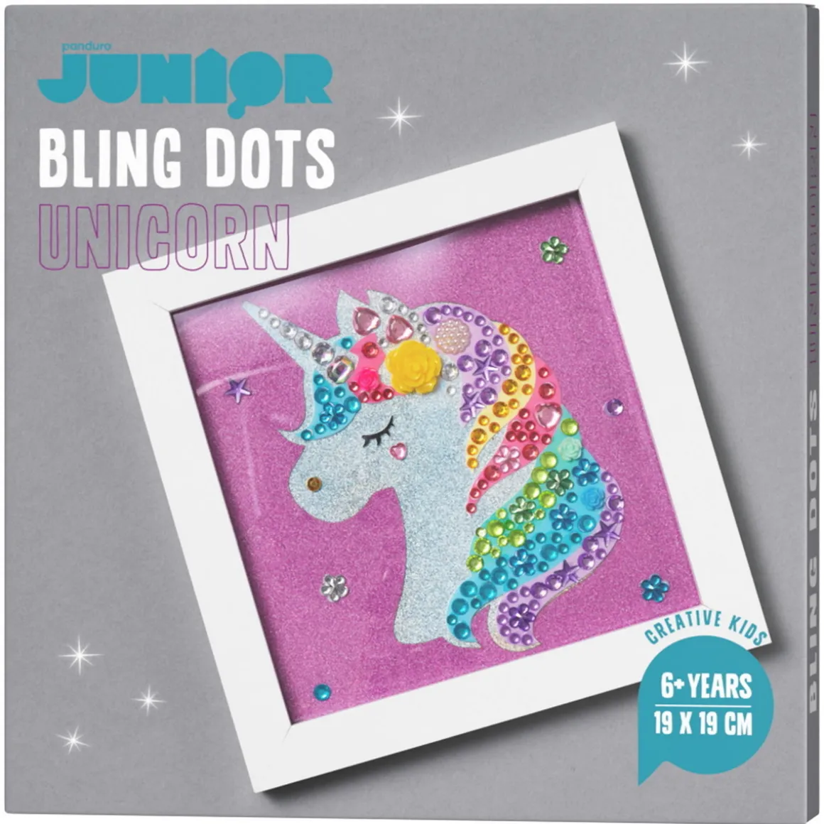 Bling Dots billede unicorn, diamond painting for børn – bling dots, motiv og billedramme på 19×19 cm
