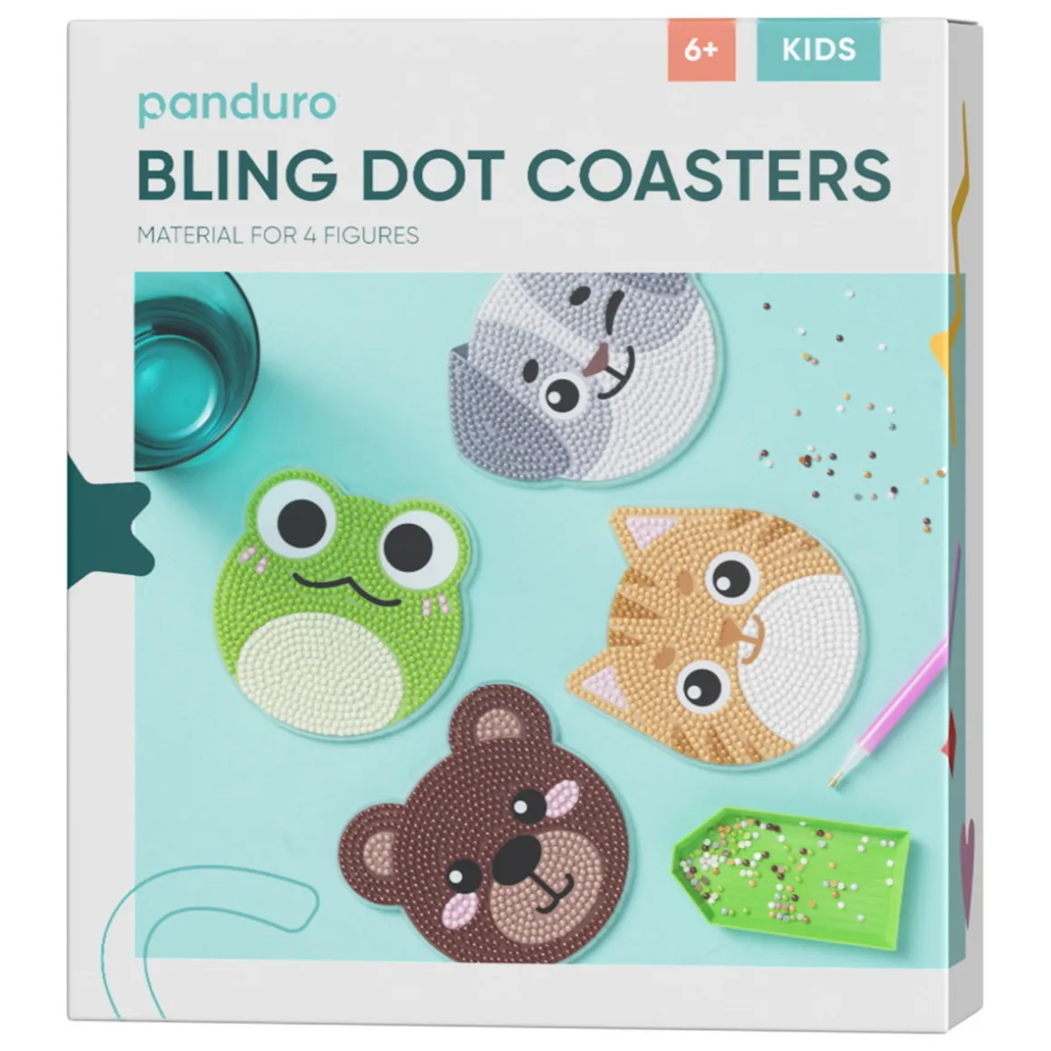 Bling Dots Coasters 4-pak, lav megasøde bordskånere med dyremotiver Ø 9,5 cm