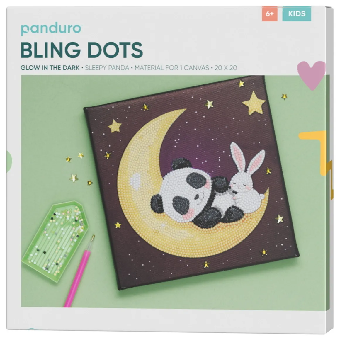 Bling Dots, diamond painting fra 6 år, panda på selvlysende måne, lærred 20×20 cm