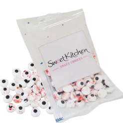 Blodsprængte sukkerøjne Ø10 mm, slikøjne til dekoration af kager, lagkager og muffins. 35 gram