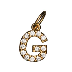Bogstavvedhæng med simili G – længde 7 mm, messing, belagt med 9 karat guld