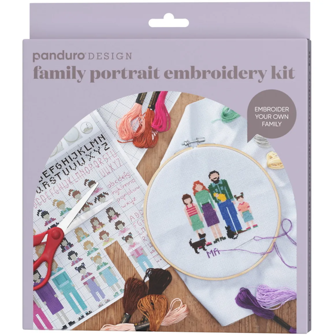 Broder et familieportræt – kit med broderiring, broderitråd og mønster