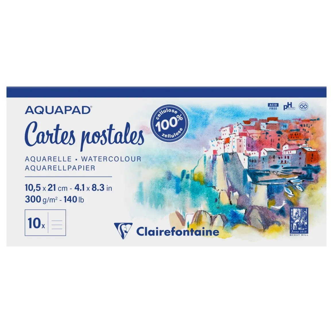 Clairefontaine Aquapad akvarelpostkort GF, CP – 210×105 mm, 10 st. 300 g/m²