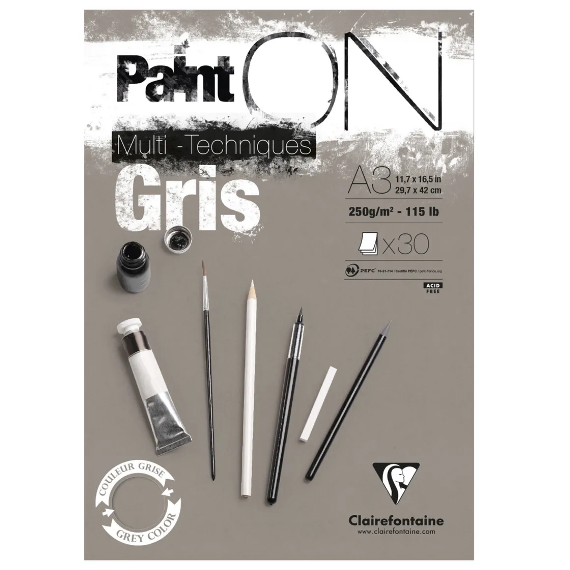 Clairefontaine Paint ON Multi Techniques blok A3 (297×420 mm), 30 grå ark, 250 g/m²