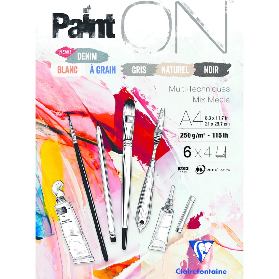 Clairefontaine Paint ON Multi Techniques blok A4 (210×297 mm), 24 ark i 6 forskellige farver, 250 g/m²