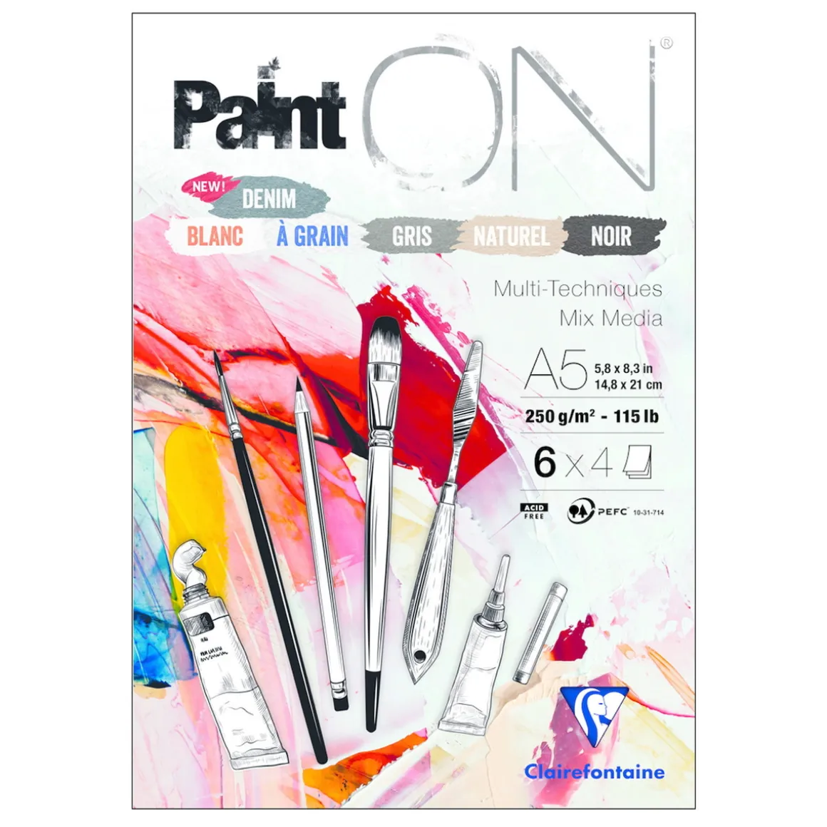 Clairefontaine Paint ON Multi Techniques blok A5 (148×210 mm), 24 ark i 6 forskellige farver, 250 g/m²