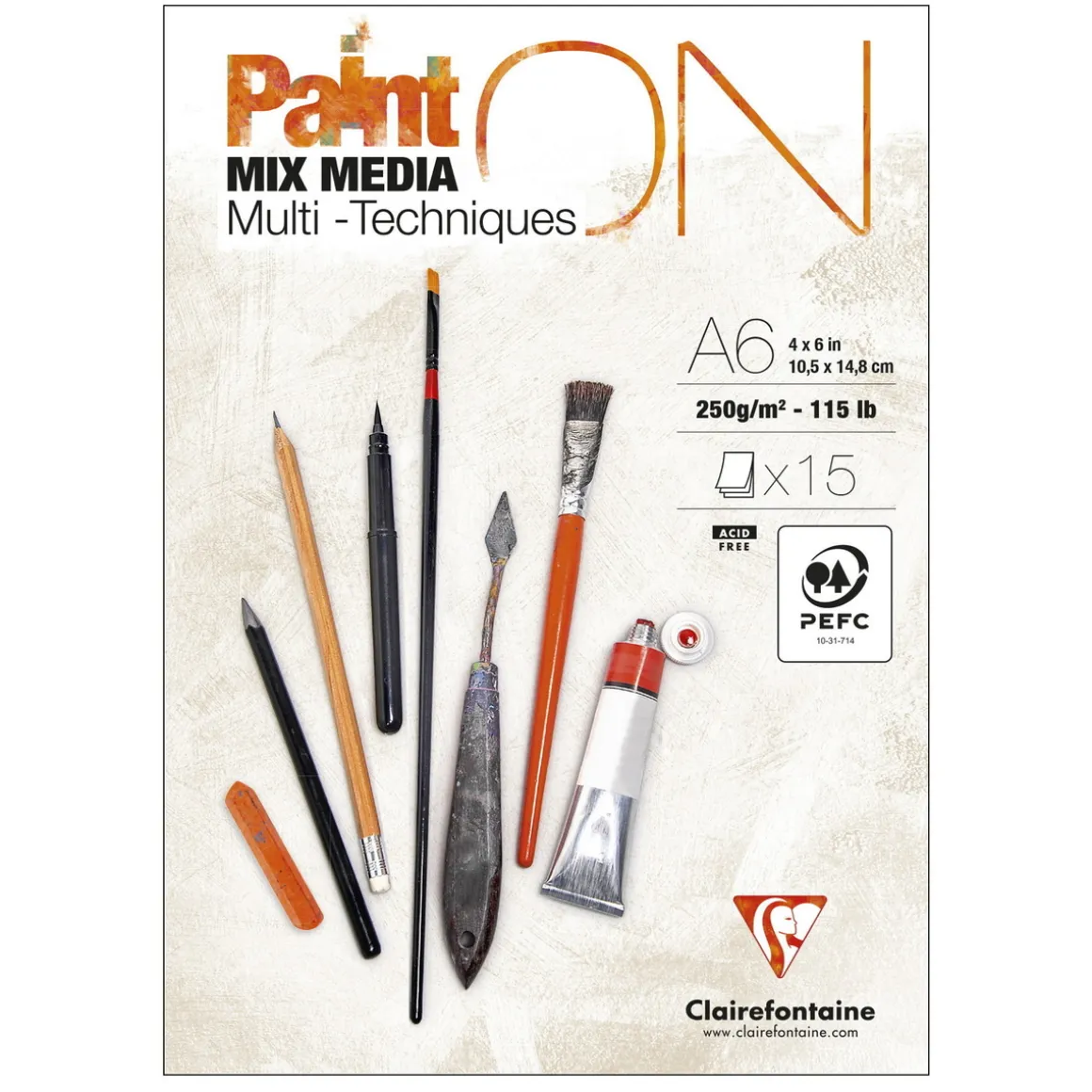 Clairefontaine Paint ON Multi Techniques blok A6 (105×148 mm), 15 hvide ark, 250 g/m²