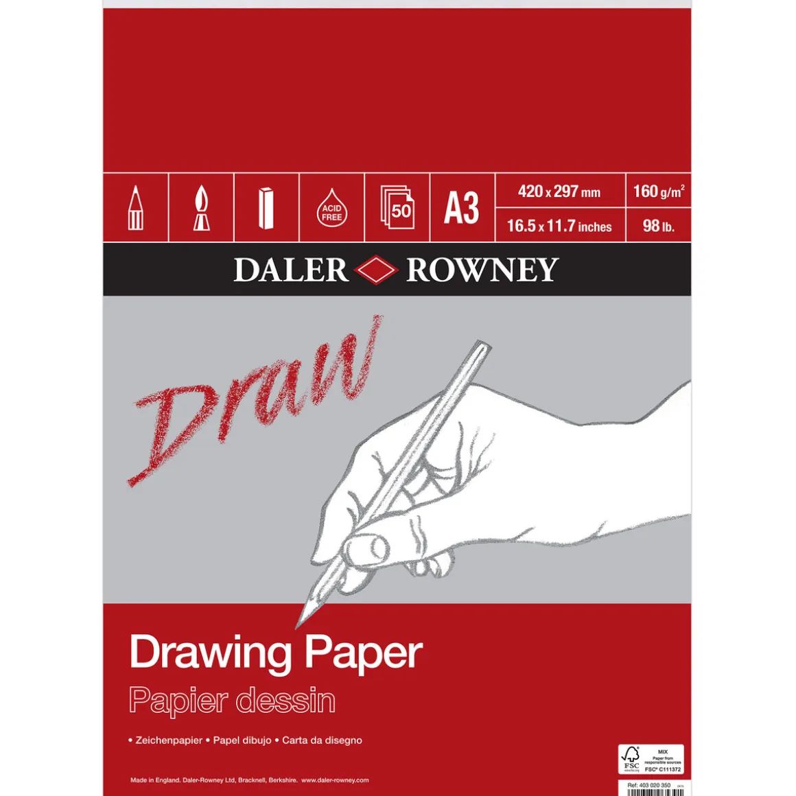 Daler-Rowney Drawing Paper tegneblok A3 (297×420 mm), 50 ark, 160 g/m²