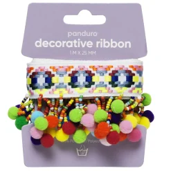 Dekorationsbånd med perler & pomponer 1 m langt, 25 mm bredt