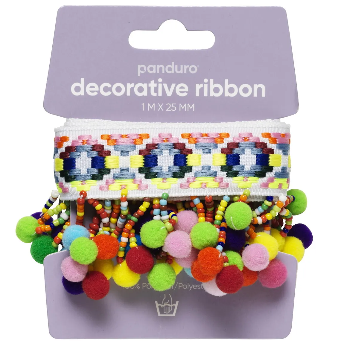 Dekorationsbånd med perler & pomponer 1 m langt, 25 mm bredt