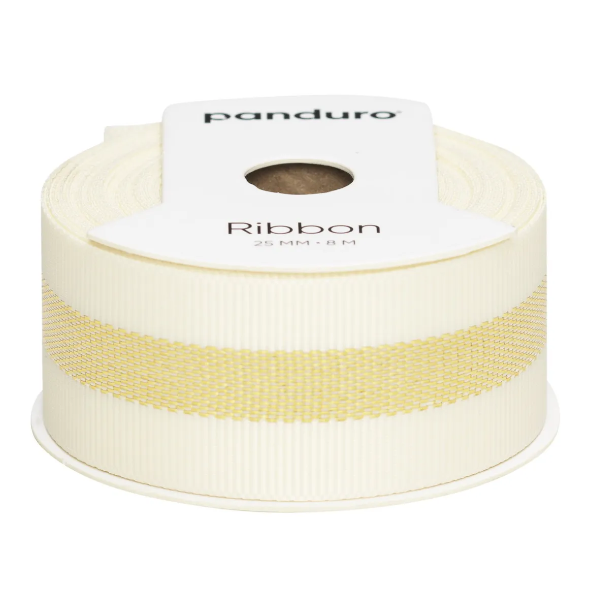 Dekorationsbånd offwhite med bred guldsøm, 8 m langt og 25 mm bredt