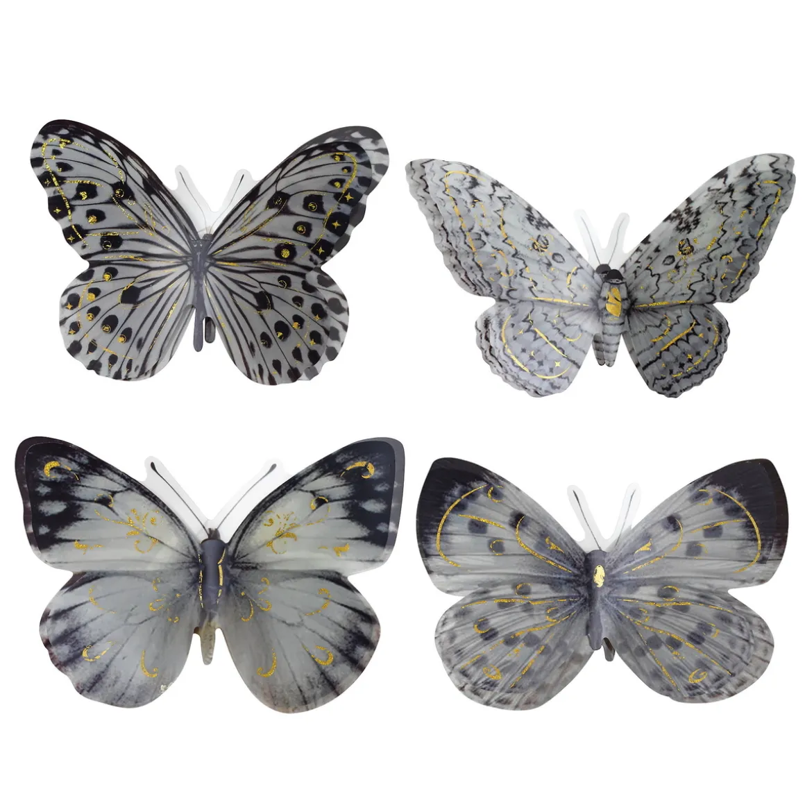 4 dekorationssommerfugle i mørke nuancer med guldglitter 12,5×9 cm