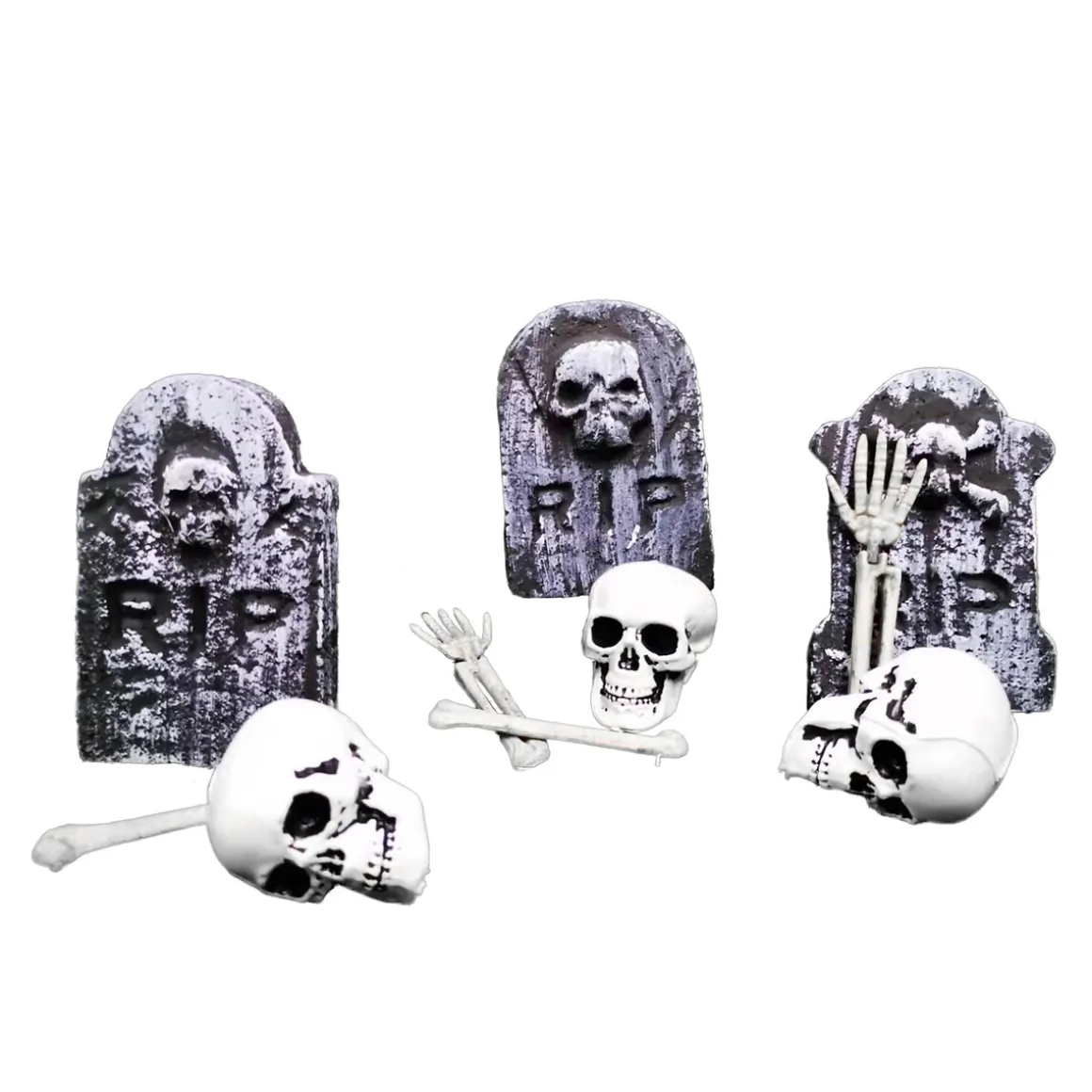 Dekorationssæt med gravsten i styropor og skeletdele af plast 10 dele