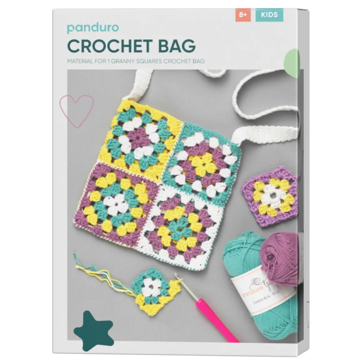 DIY-kit Granny Square Crochet Bag, hækl en sød taske af oldemorfirkanter