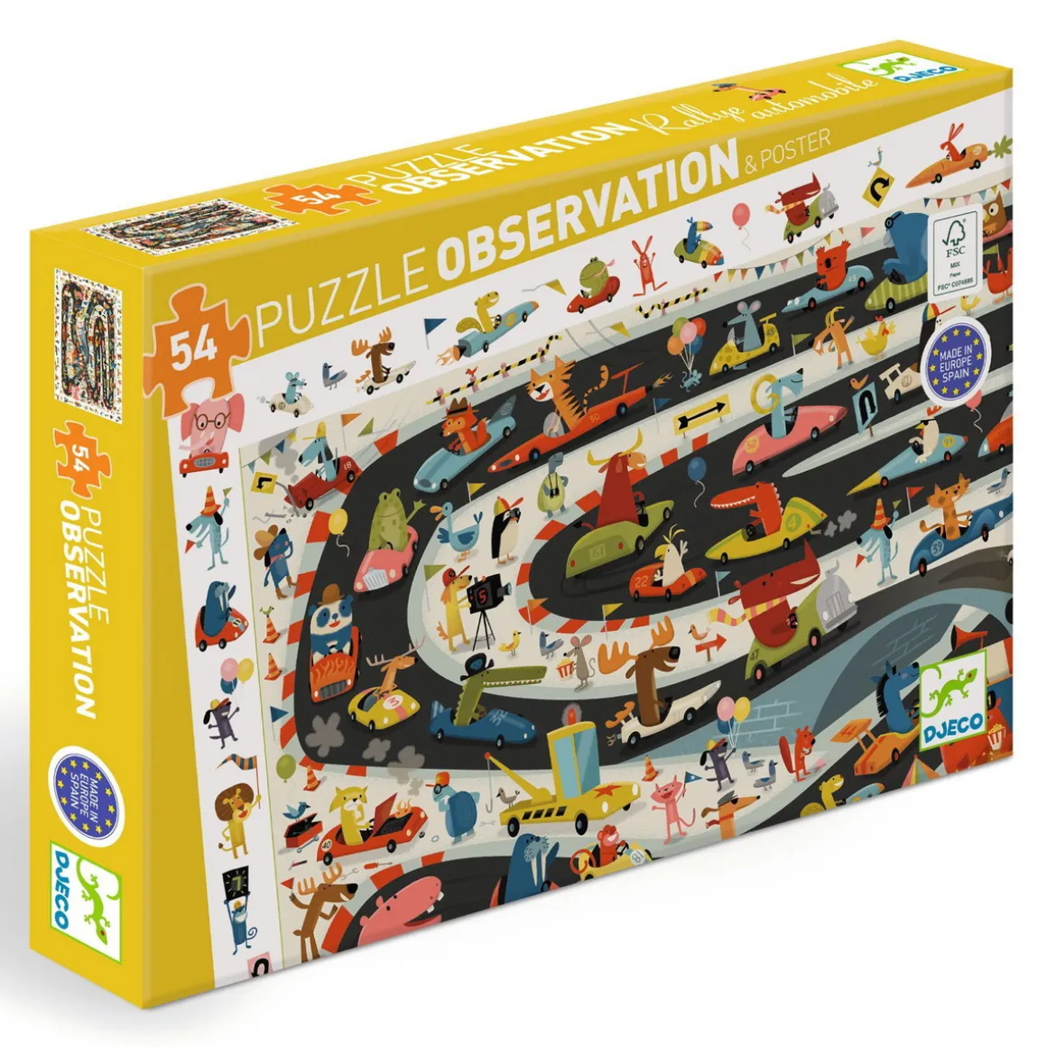 Djeco puslespil Car Rally, børnepuslespil med rallybiler, 54 brikker, 61×38 cm