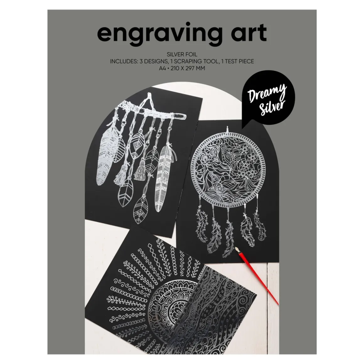 Engraving art Dreamy Sølv – scratch art med 3 stk. A4-ark, sølvfarvede og drømmende motiver