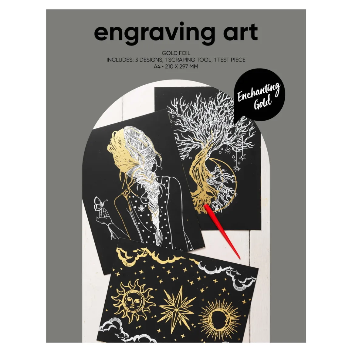 Engraving art Enchanting Gold – scratch art med 3 stk. A4-ark, gyldne motiver