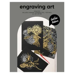 Engraving art Golden Nature – scratch art med 3 stk. A4–ark, gyldne naturmotiver
