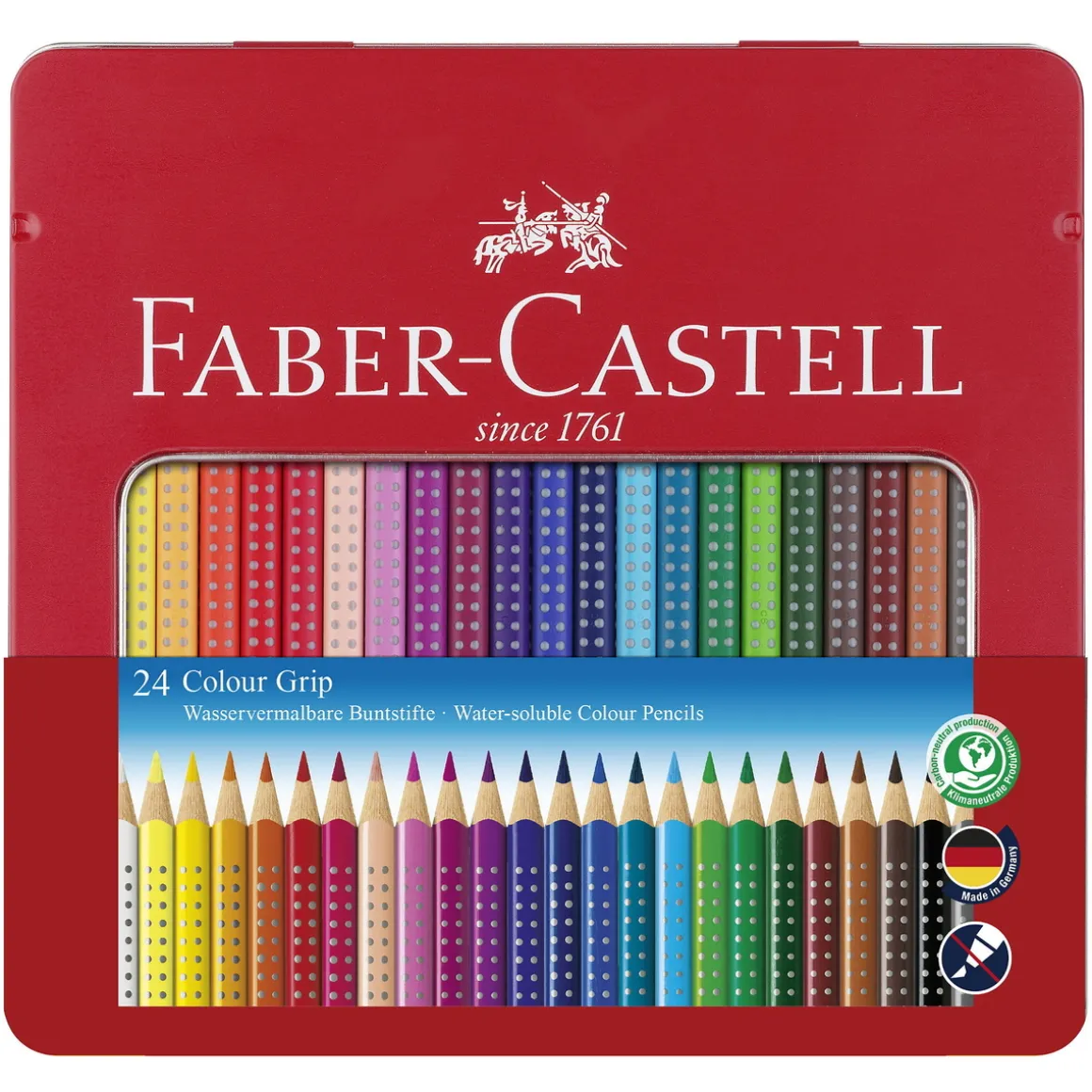 Faber-Castell Colour Grip – 24 vandopløselige farveblyanter i metaletui