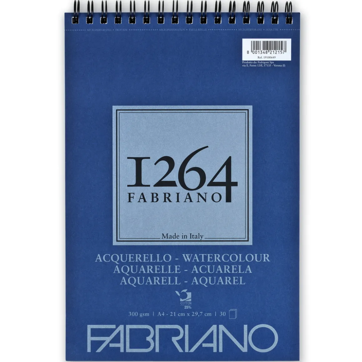 Fabriano akvarelblok F-1264 A4 (210×297 mm), 30 ark, gramvægt 300.