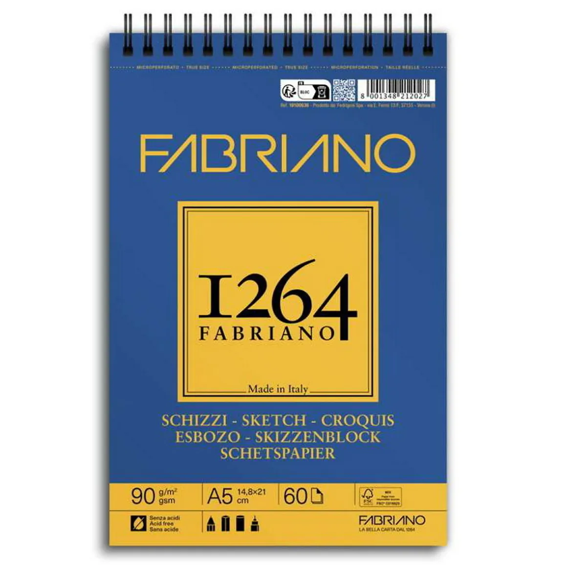 Fabriano spiralbundet skitseblok F-1264 A5 (148×210 mm), 60 ark, 90 g/m²