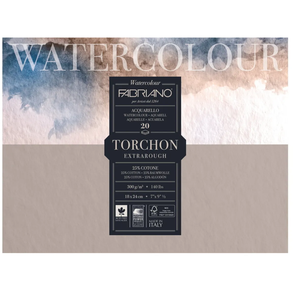 Fabriano Watercolour akvarelblok GT 18×24 cm, 20 ark, 300 g/m²