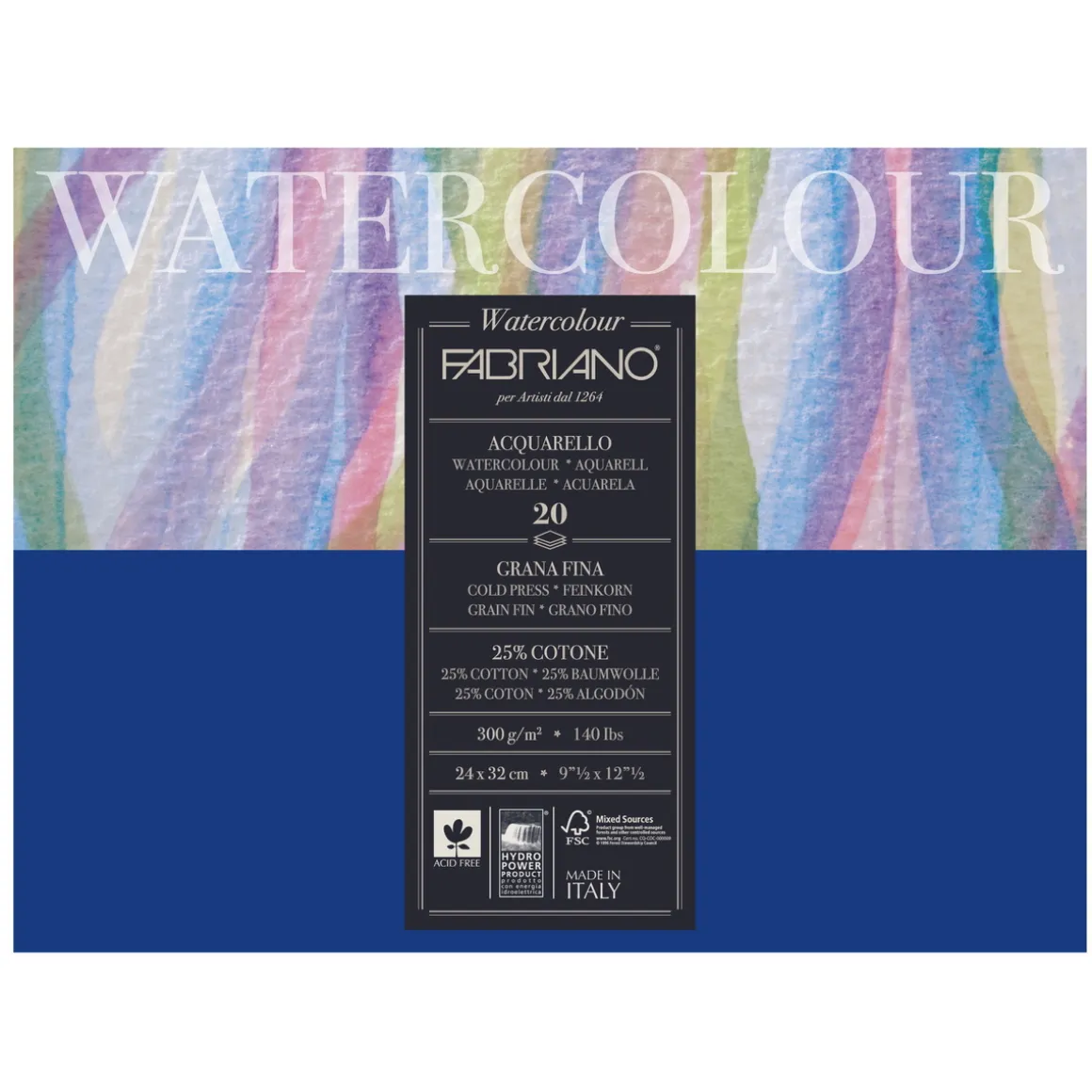 Fabriano Watercolour akvarelblok GF 24×32 cm, 20 ark, 300 g/m²