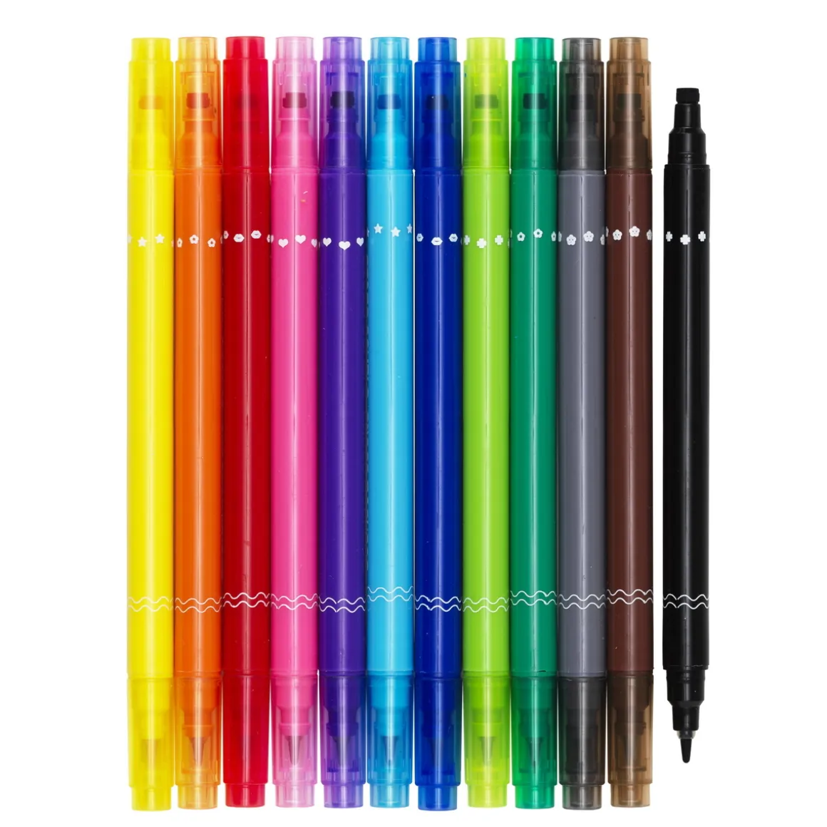 12 farverige tuschpenne med to spidser – en almindelig og en med stempel!