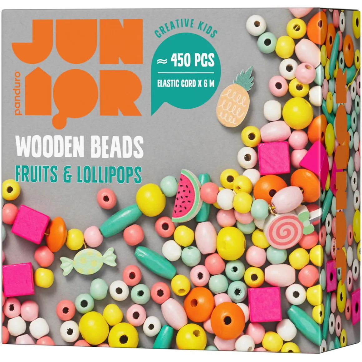 450 farvestrålende træperler – frugt & slikkepinde
