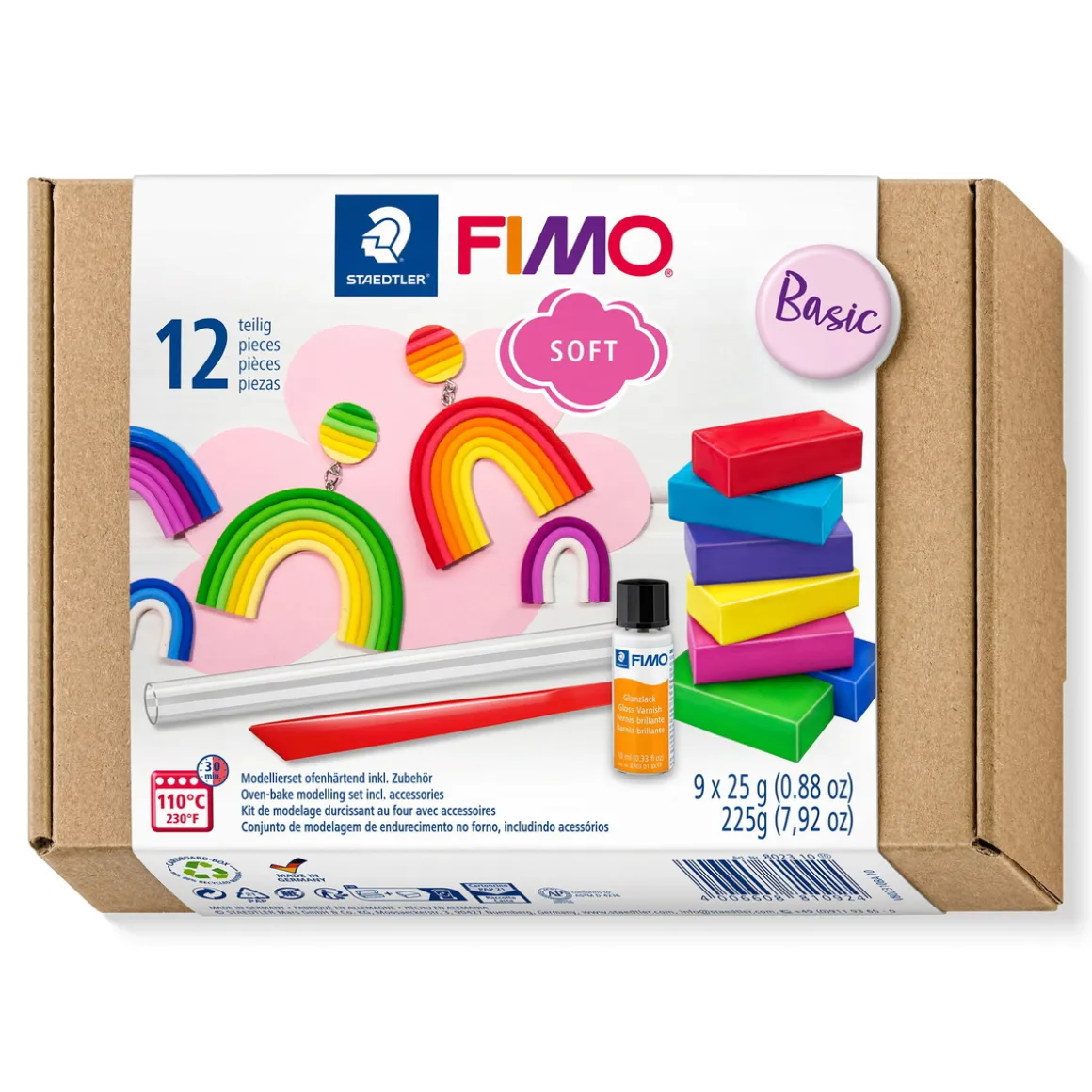 Fimo Soft Basic Set – 9×25 g farvestrålende Fimo-ler og værktøj
