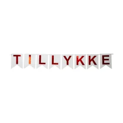 Flag banner vimpel, vimpler på snor med teksten "Tillykke" 3,6 meter