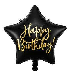 Folieballon Ø45 cm – sort stjerne med teksten Happy Birthday