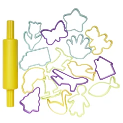 16 forme til ler, lerforme, i farvestrålende plast 5-8 × 5-9 cm + plastkagerulle