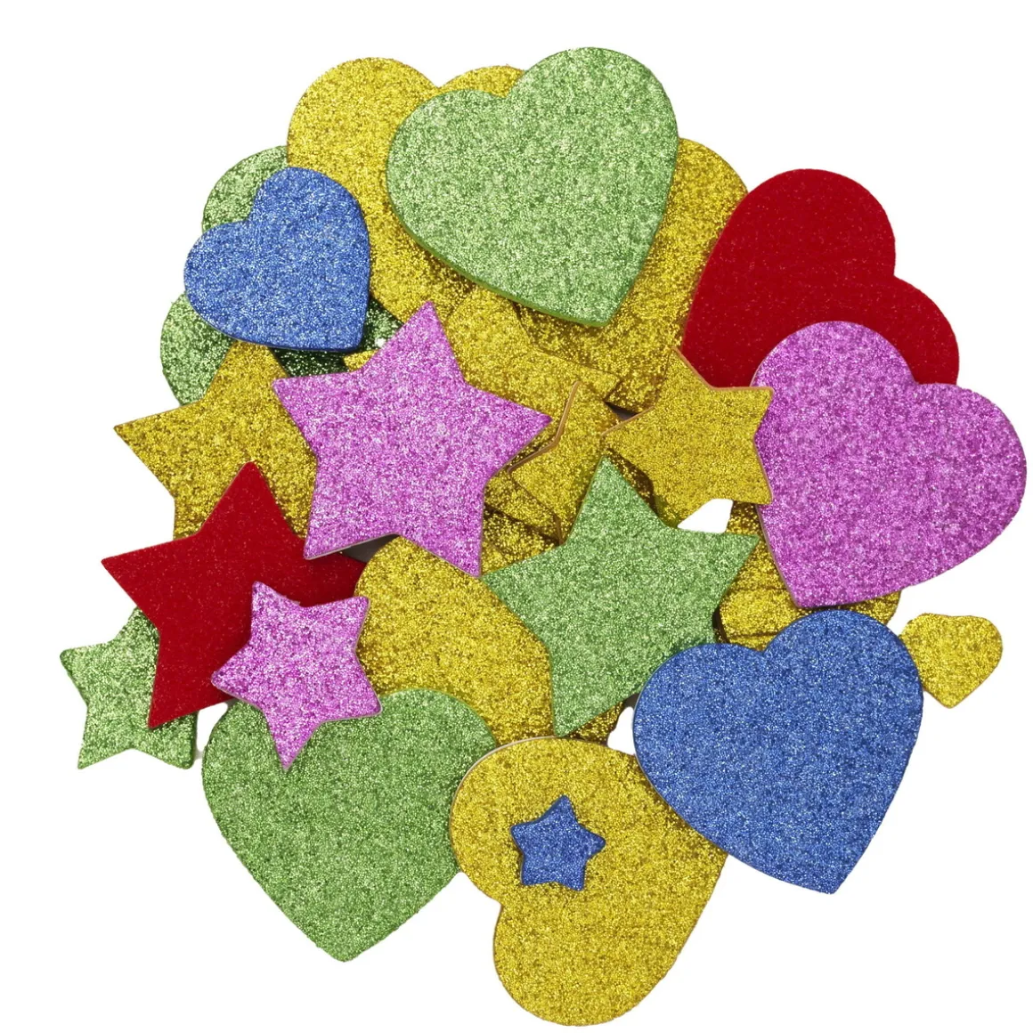 Funky Foam selvklæbende mosgummi glitrende stjerner og hjerter, 200 stk.