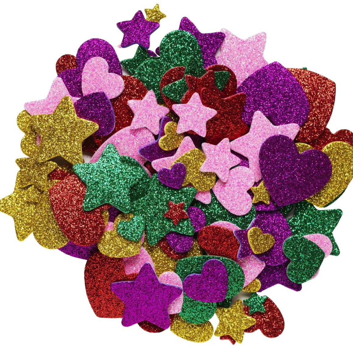 Funky Foam Stjerner og hjerter med glitter, 150 stykker selvklæbende mosgummi, Ø20–25 mm