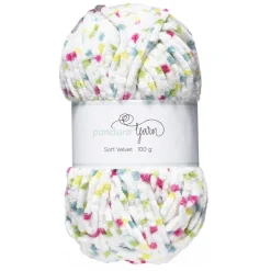 Garn Popkorn Velvet 100 g neon prik – hvidt garn med masser af muntre farveprikker