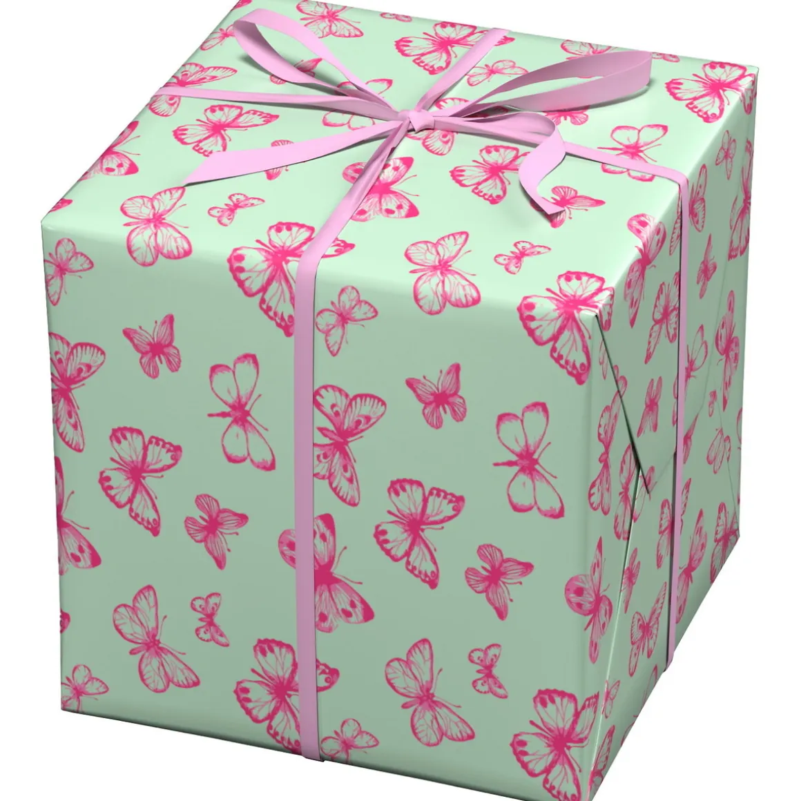 Gavepapir på rulle 10 m×57 cm – lysegrønt papir med rosa sommerfugle