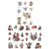 Glansbilleder med engle, nisser og julemotiver, 3 ark a 16,5×23,5 cm