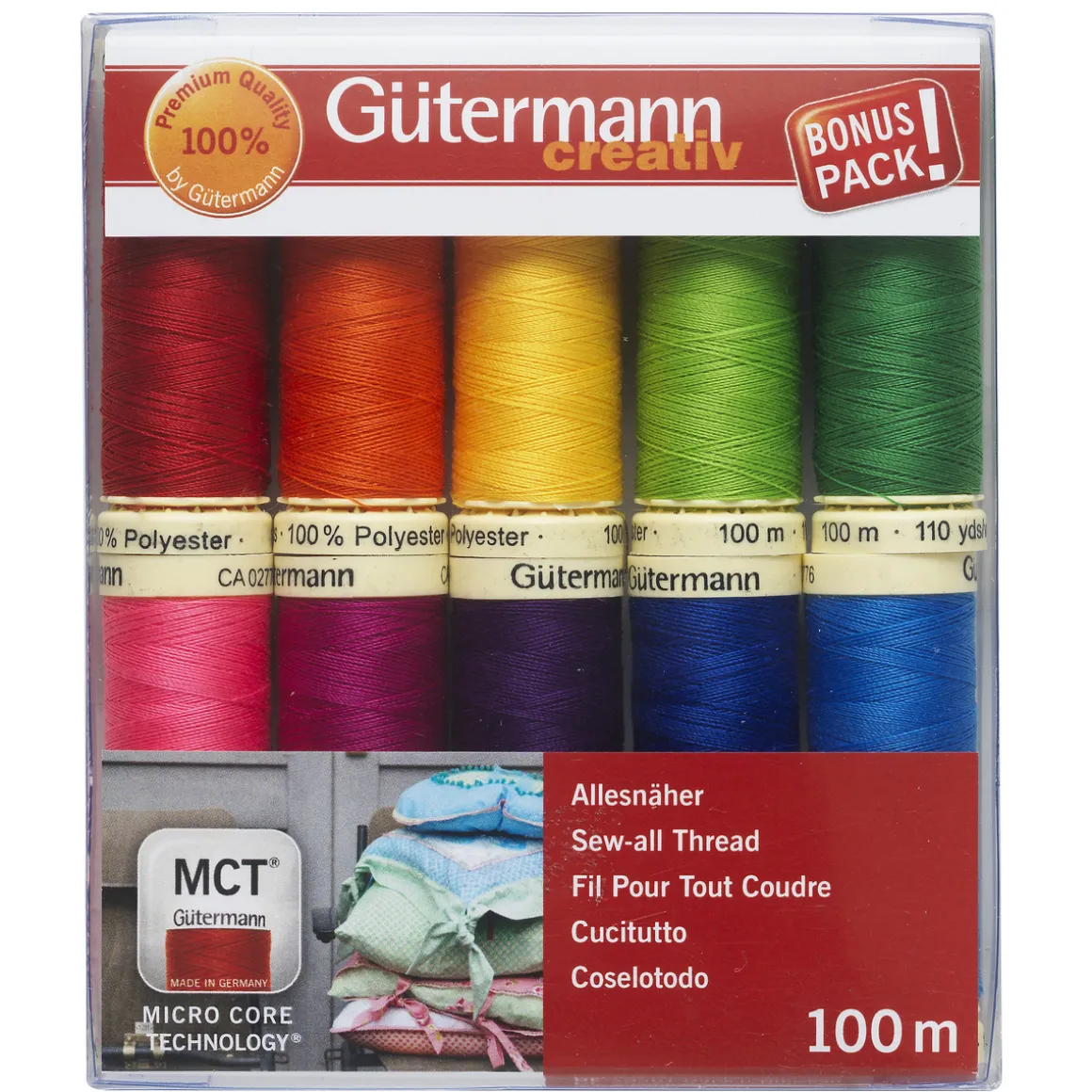 Gütermann sytråd 10×100 m. 100% polyester, Bright