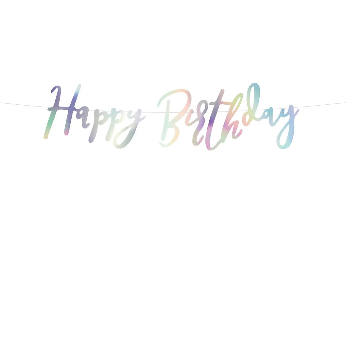 Guirlande med "Happy Birthday" i iriserende farve – 62×16,5 cm tekst på 200 cm snor