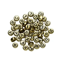 130 guldfarvede bogstavperler A-Z med sorte bogstaver, Ø7 mm
