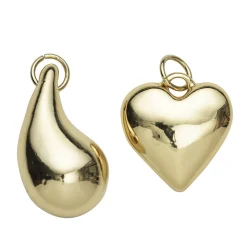 2 guldfarvede og chunky vedhæng, charms, massiv metal – hjerte Ø22 mm, dråbe L. 30 mm