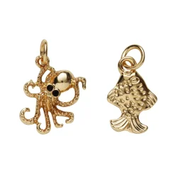 2 guldfarvede vedhæng/charms, blæksprutte med sorte øjne 15,5×12 mm, fisk 10×14 mm