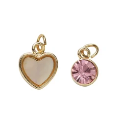 2 guldfarvede vedhæng/charms, hjerte perlemorslook 11,4×12,3 mm, cirkel simili Ø10 mm
