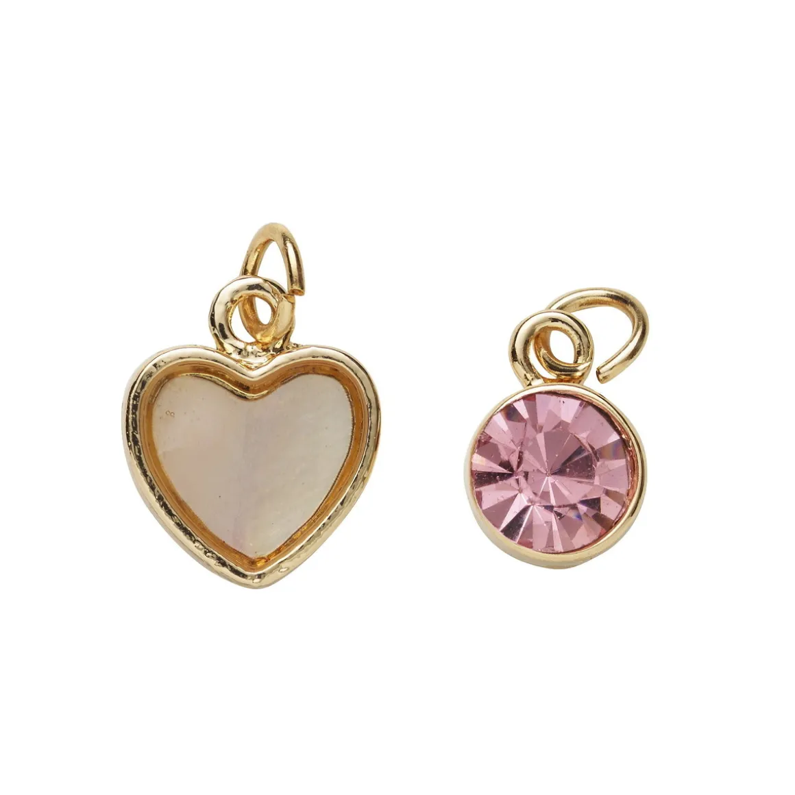 2 guldfarvede vedhæng/charms, hjerte perlemorslook 11,4×12,3 mm, cirkel simili Ø10 mm