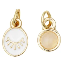 2 guldfarvede vedhæng/charms, hvidt øje 7×9 mm, rosa sten af kvarts Ø7 mm